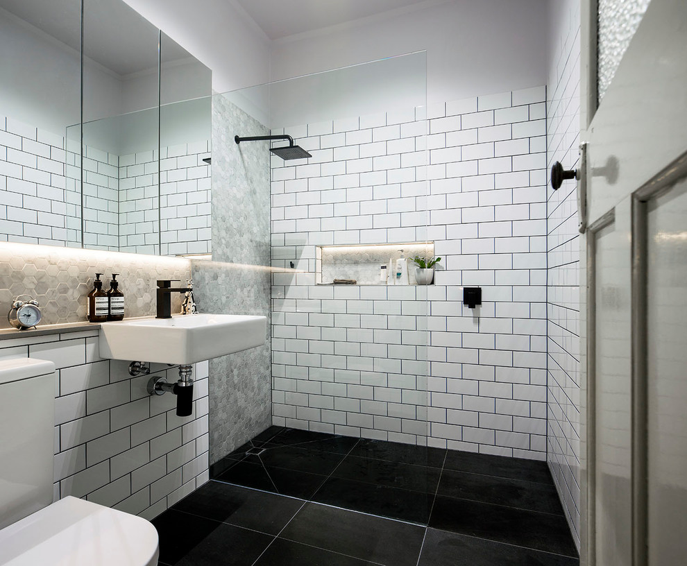 Bathroom - mid-sized contemporary white tile and ceramic tile bathroom idea in Melbourne