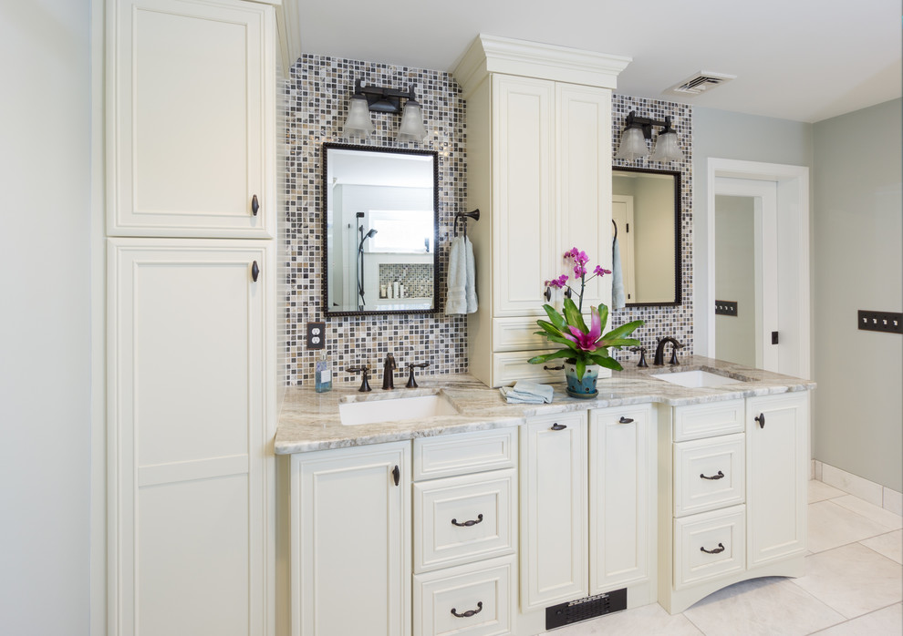 Example of a large transitional master white tile and subway tile marble floor doorless shower design in Providence with recessed-panel cabinets, white cabinets, granite countertops, a two-piece toilet, an undermount sink and green walls