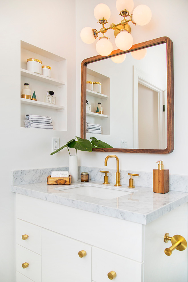 Design ideas for a medium sized midcentury bathroom in Los Angeles with flat-panel cabinets, white cabinets, white walls, a submerged sink, marble worktops and grey worktops.