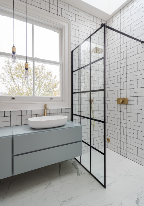 Marble Shower Floor Tiles with Gray Floating Vanity