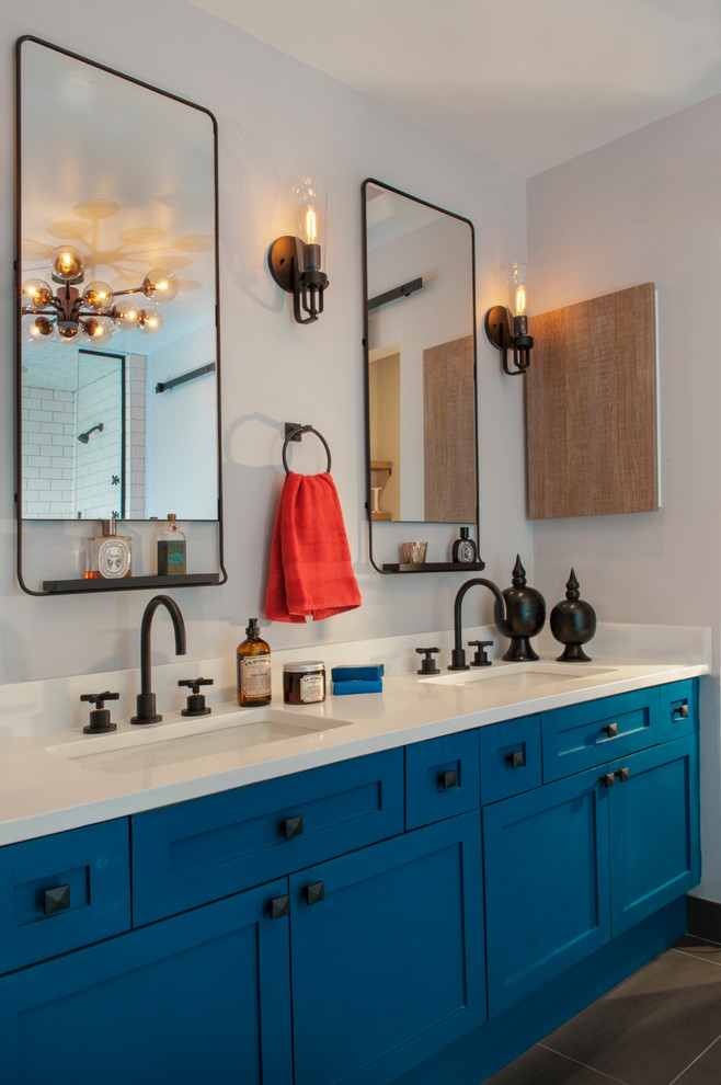 Design ideas for a medium sized classic ensuite bathroom in Chicago with shaker cabinets, turquoise cabinets, a double shower, white tiles, ceramic tiles, grey walls, porcelain flooring, a submerged sink and quartz worktops.
