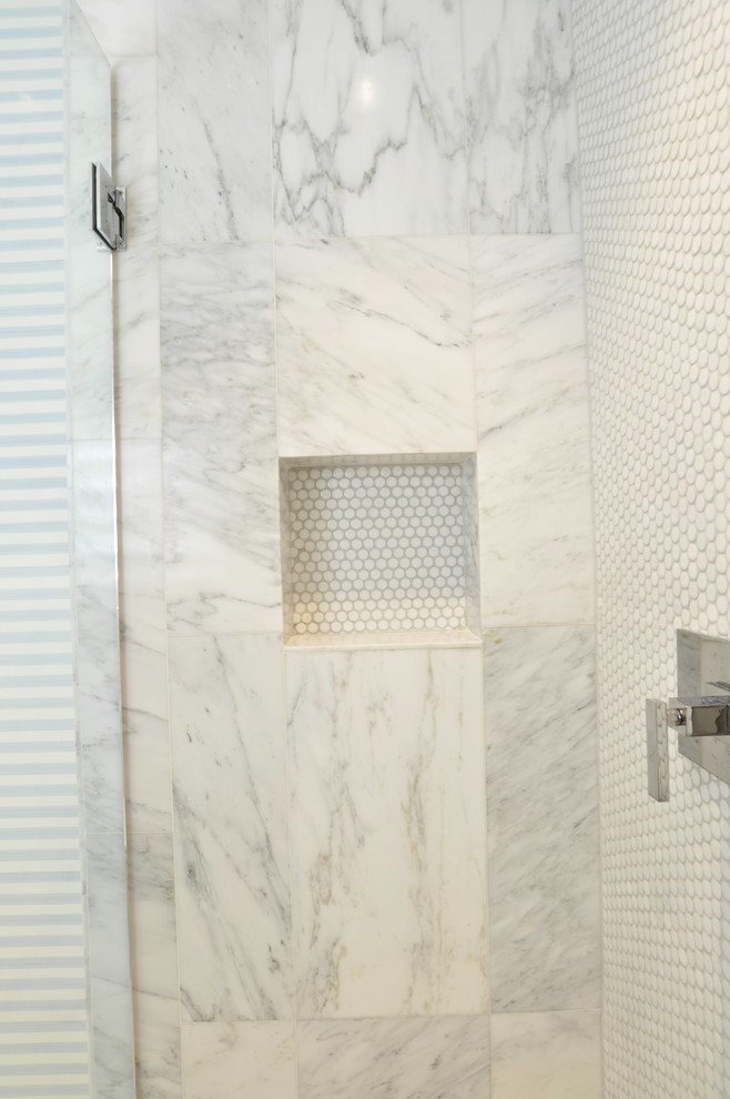 Medium sized classic shower room bathroom in Miami with flat-panel cabinets, white cabinets, an alcove shower, a one-piece toilet, black and white tiles, stone slabs, white walls, ceramic flooring, a submerged sink and marble worktops.