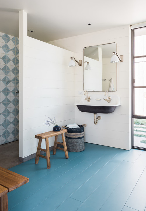 Nautical Farmhouse Flair: Black Sink and Blue Tiles Boys Bathroom Ideas