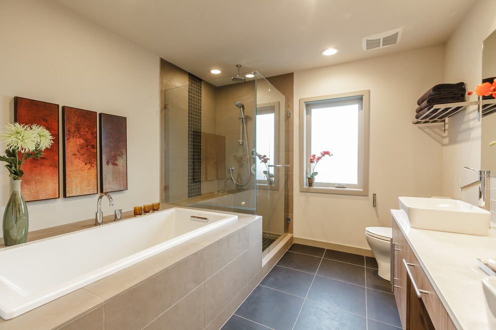 This is an example of a contemporary bathroom in Seattle with a vessel sink.