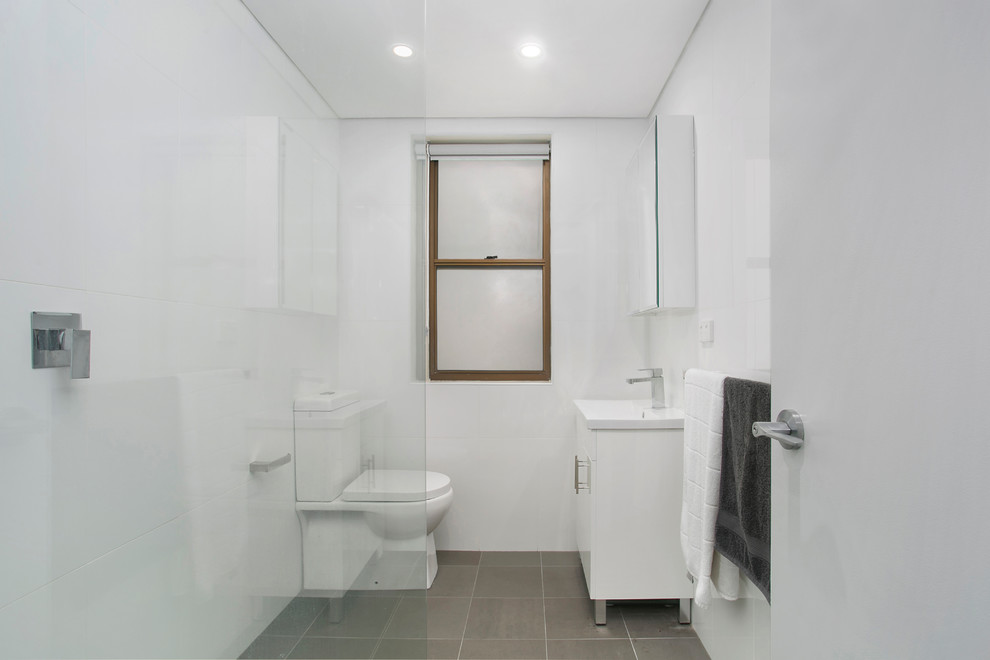 Foto di una piccola stanza da bagno classica con WC monopezzo, piastrelle grigie, pareti bianche e lavabo a consolle