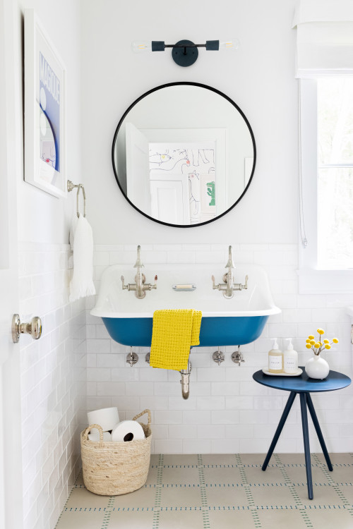 Blue Harmony: Boys Bathroom Ideas with Double Faucet Through Sink