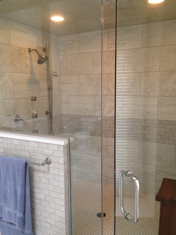 Photo of a classic bathroom in Chicago with porcelain tiles and engineered stone worktops.