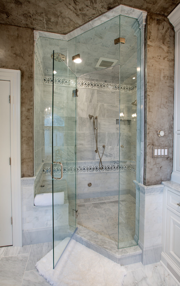Example of a large classic master gray tile and stone tile marble floor bathroom design in Columbus with an undermount sink, beaded inset cabinets, white cabinets, marble countertops and gray walls