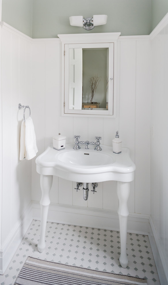 Diseño de cuarto de baño marinero de tamaño medio con paredes verdes, suelo de baldosas de porcelana, aseo y ducha y lavabo tipo consola
