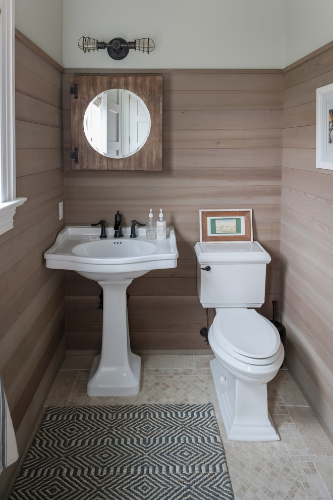 Esempio di una piccola stanza da bagno con doccia stile marino con WC a due pezzi, top in superficie solida e lavabo a consolle