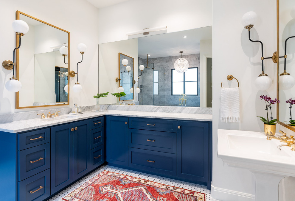 Medium sized classic ensuite bathroom in Austin with blue cabinets, white tiles, white walls, mosaic tile flooring, engineered stone worktops, white worktops, double sinks, a built in vanity unit, shaker cabinets, a submerged sink and white floors.