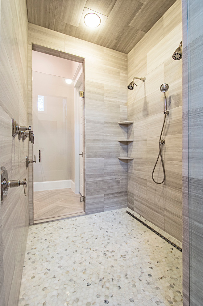 Bathroom - mid-sized transitional master gray tile and stone tile limestone floor bathroom idea in Dallas with a vessel sink, shaker cabinets, white cabinets, marble countertops and gray walls