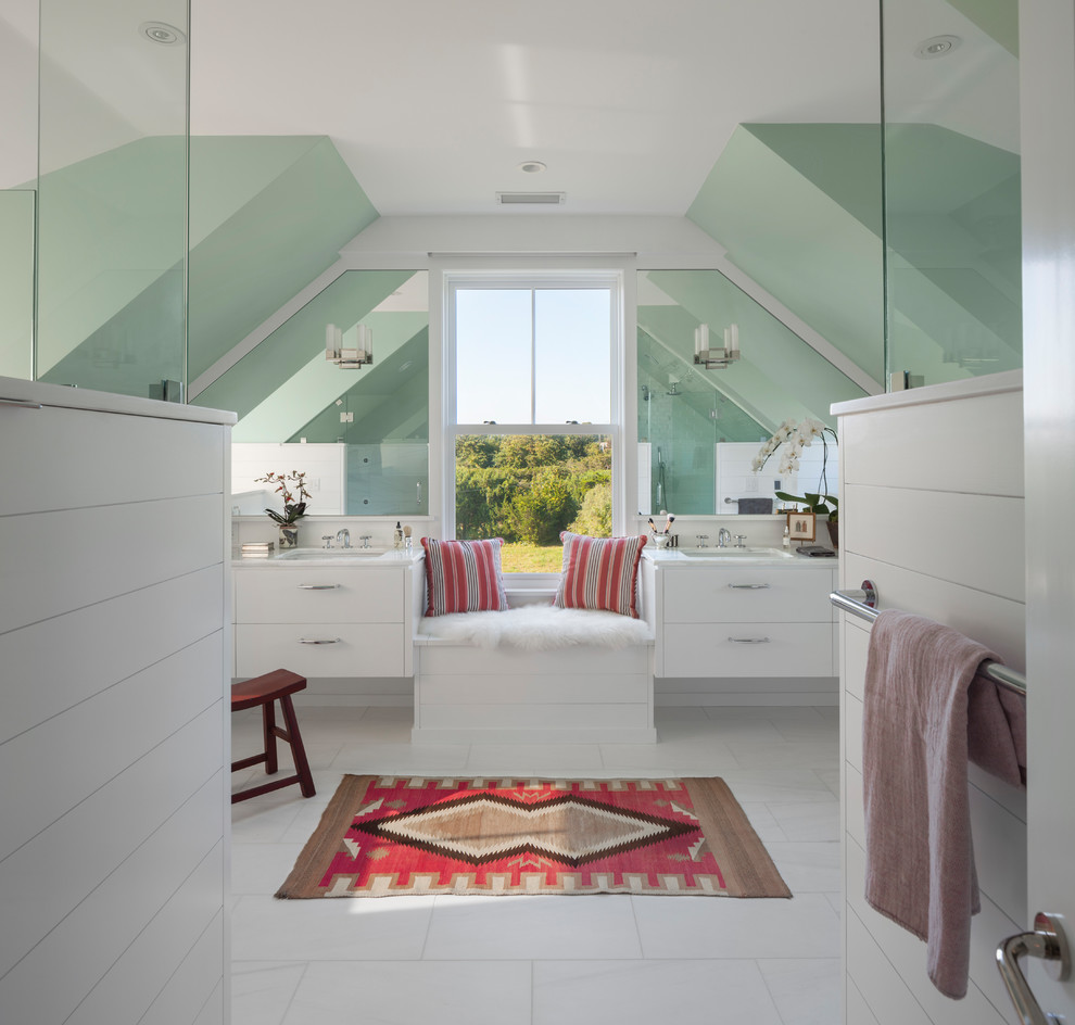 This is an example of a coastal ensuite bathroom in Providence with flat-panel cabinets, white cabinets, green walls, a submerged sink and white floors.