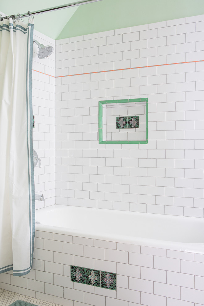 Inspiration for a mid-sized farmhouse kids' ceramic tile and white tile ceramic tile, single-sink and wallpaper bathroom remodel in Los Angeles with green walls, furniture-like cabinets, dark wood cabinets, a two-piece toilet, a vessel sink, a niche and a freestanding vanity