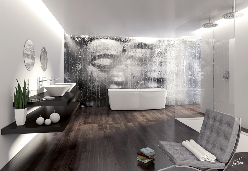 Design ideas for a modern bathroom in Miami with grey tiles and grey walls.