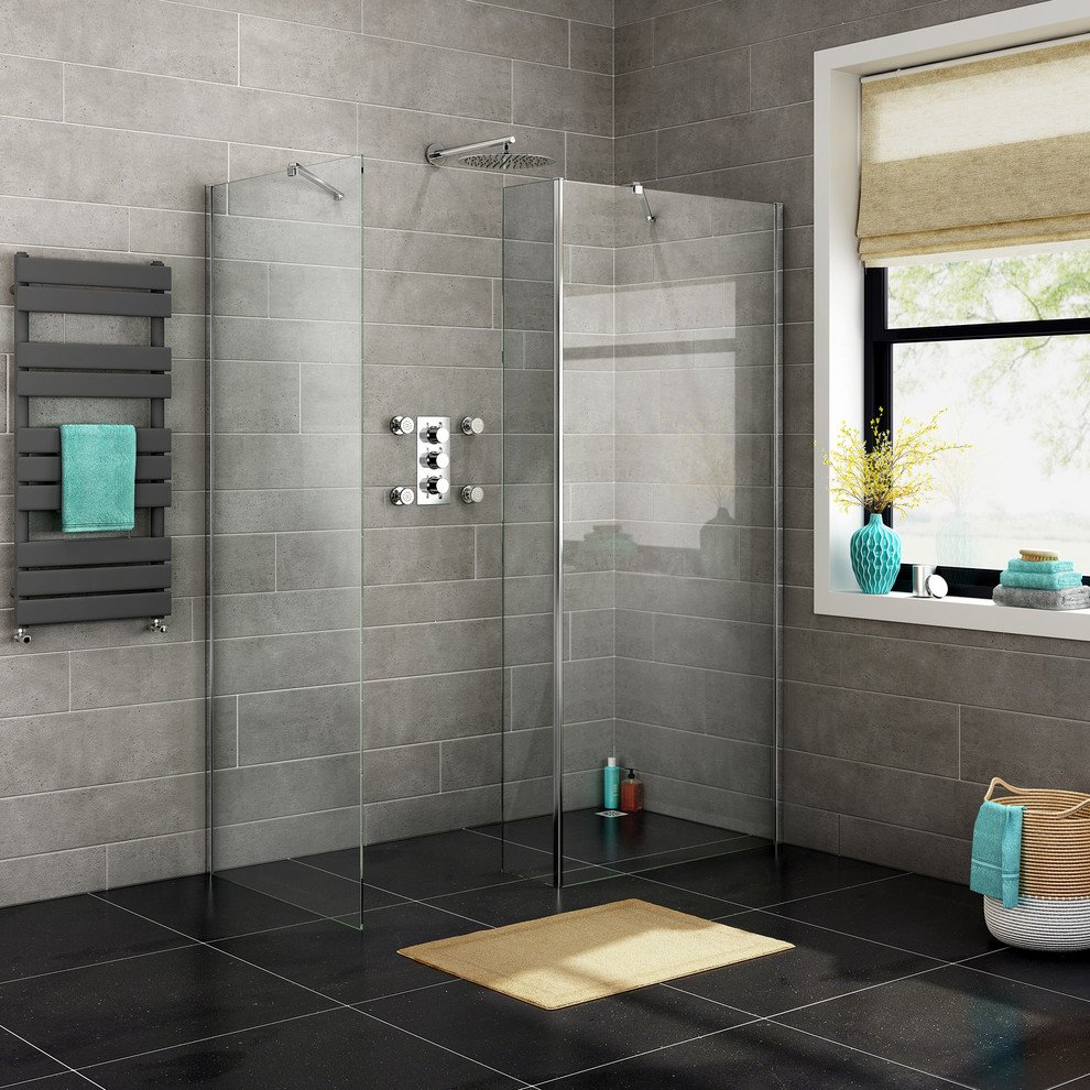 Идея дизайна: ванная комната в современном стиле с открытым душем и открытым душем