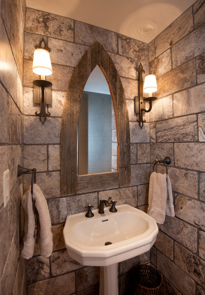 Example of a mid-sized mountain style 3/4 porcelain tile bathroom design in Other with brown walls and a pedestal sink