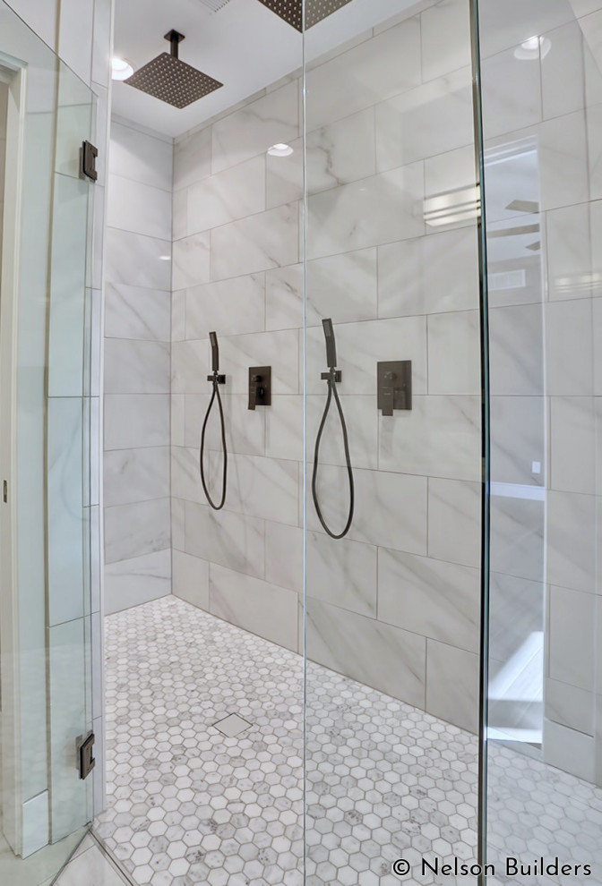 Bathroom - mid-sized modern master gray tile and ceramic tile ceramic tile, white floor and double-sink bathroom idea in Chicago with flat-panel cabinets, dark wood cabinets, a two-piece toilet, gray walls, an undermount sink, quartz countertops, a hinged shower door, white countertops and a floating vanity