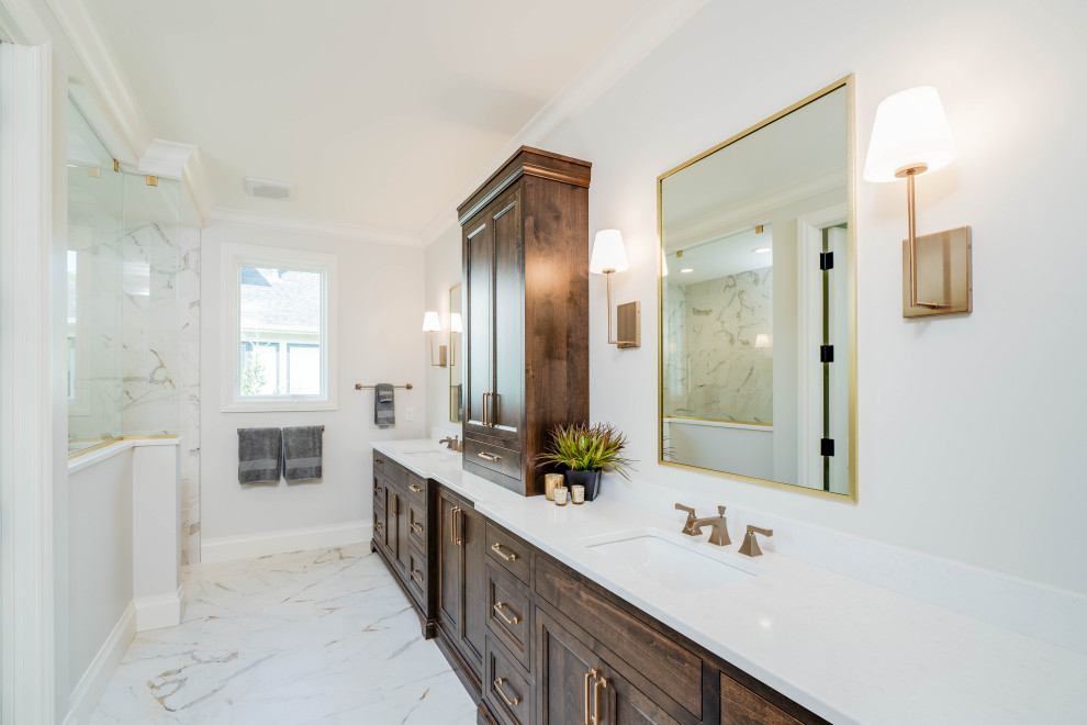 Inspiration for a large cottage master white tile and marble tile marble floor, white floor and double-sink bathroom remodel in Grand Rapids with furniture-like cabinets, dark wood cabinets, white walls, an undermount sink, quartz countertops, white countertops and a built-in vanity