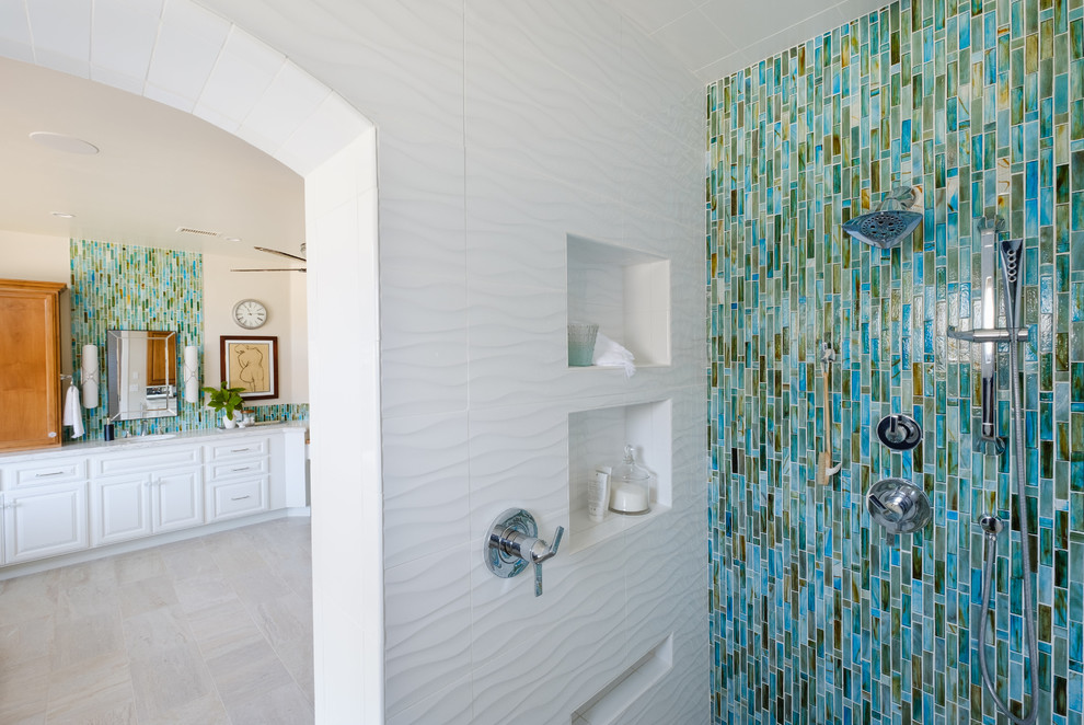 White & Bright Master Bathroom w/ Teal mosaic tile backsplash
