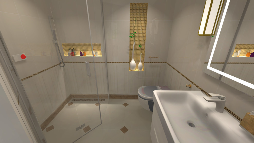 Inspiration för ett litet funkis en-suite badrum, med vita skåp, våtrum, vit kakel, porslinskakel, vita väggar, klinkergolv i porslin, vitt golv och dusch med gångjärnsdörr