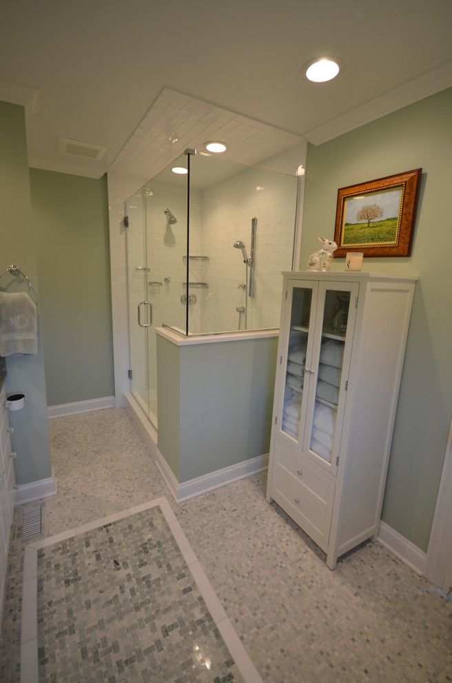 Large traditional ensuite bathroom in Chicago with raised-panel cabinets, white cabinets, white tiles, ceramic tiles, green walls, marble flooring, marble worktops, green floors and green worktops.