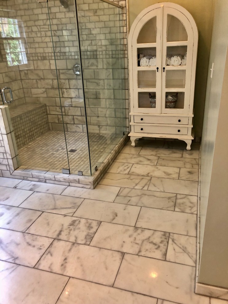 Expansive classic ensuite bathroom in Birmingham with freestanding cabinets, grey cabinets, a corner shower, a two-piece toilet, grey walls, marble flooring, a submerged sink, marble worktops, multi-coloured floors, a hinged door and multi-coloured worktops.