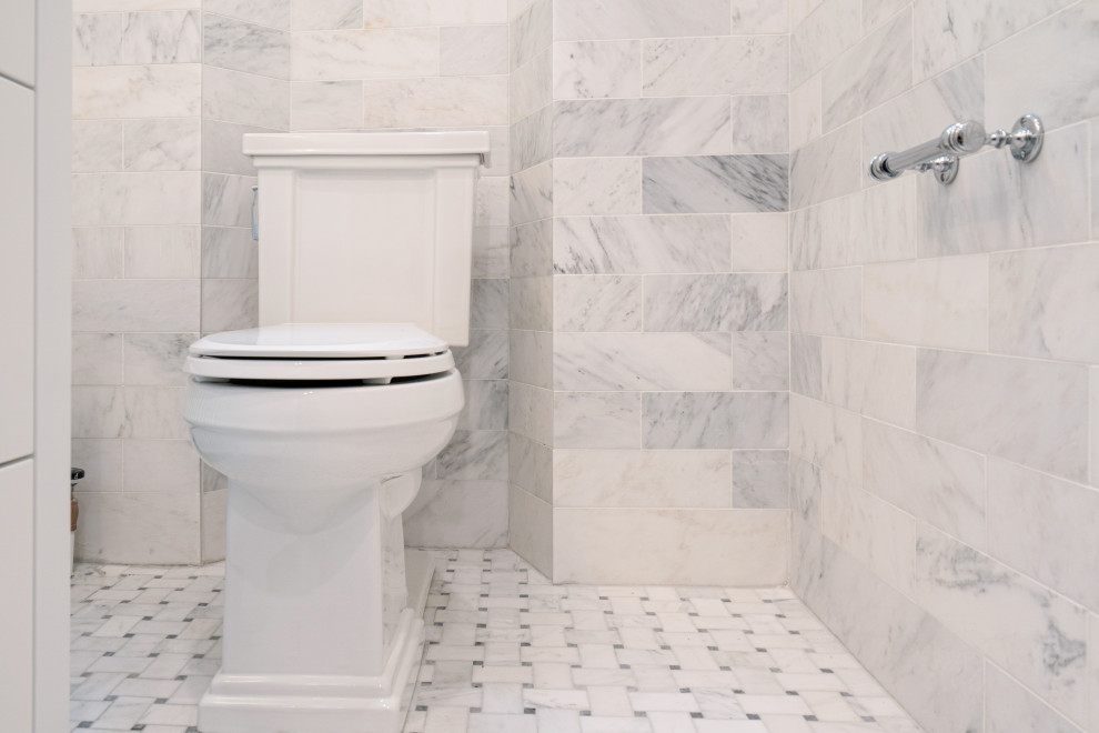 White Bathroom with tub shower & custom vanity Contemporary