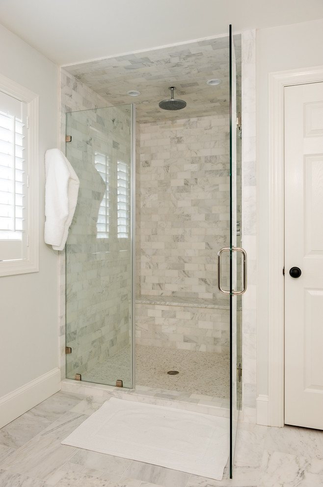 Photo of a medium sized beach style ensuite bathroom in Other with a corner shower, grey tiles, white tiles, stone tiles, marble flooring, white walls and a hinged door.