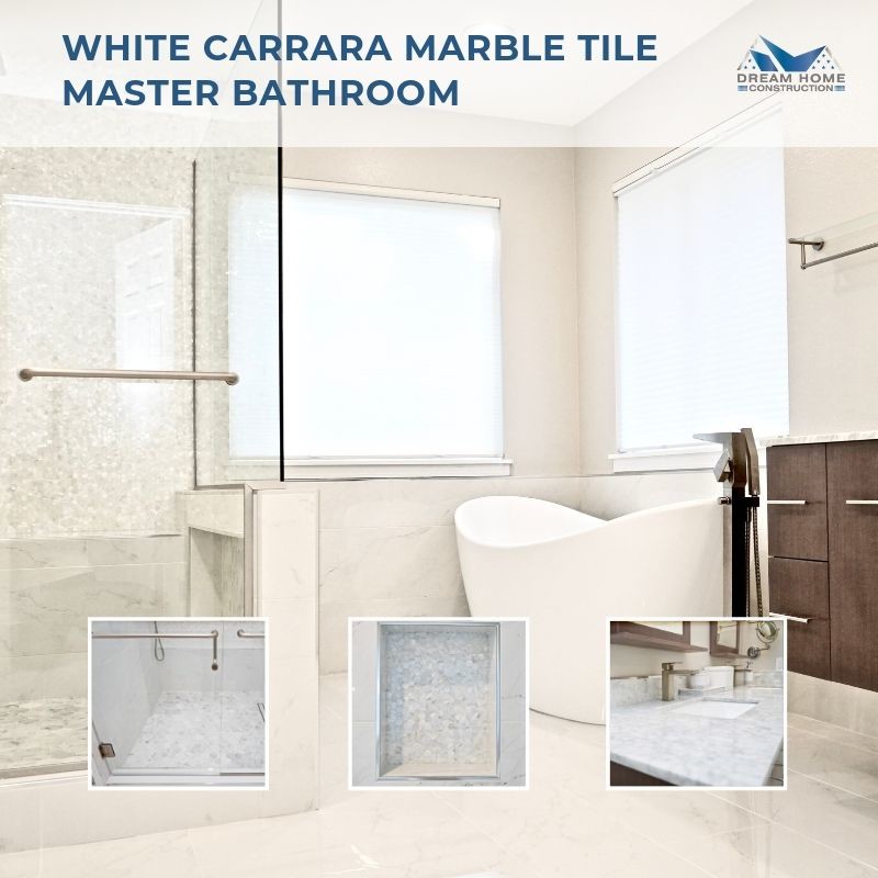 Inspiration for a large modern ensuite bathroom in Seattle with medium wood cabinets, a freestanding bath, white tiles, ceramic tiles, white walls, ceramic flooring, marble worktops, a hinged door, grey worktops and recessed-panel cabinets.