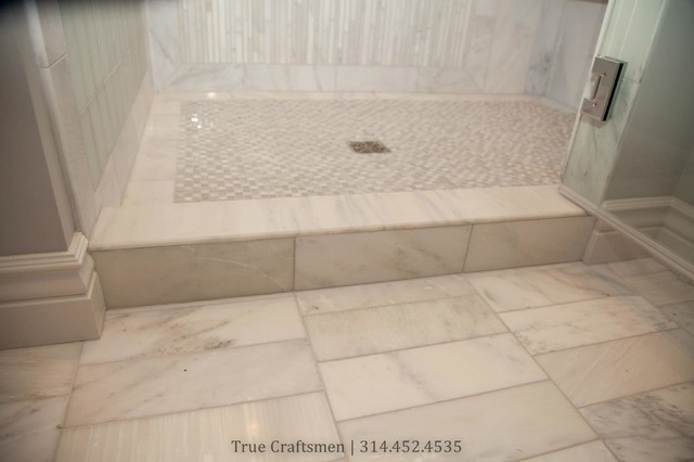 White Marble Bathroom With Frosted, Marble Subway Tile Shower