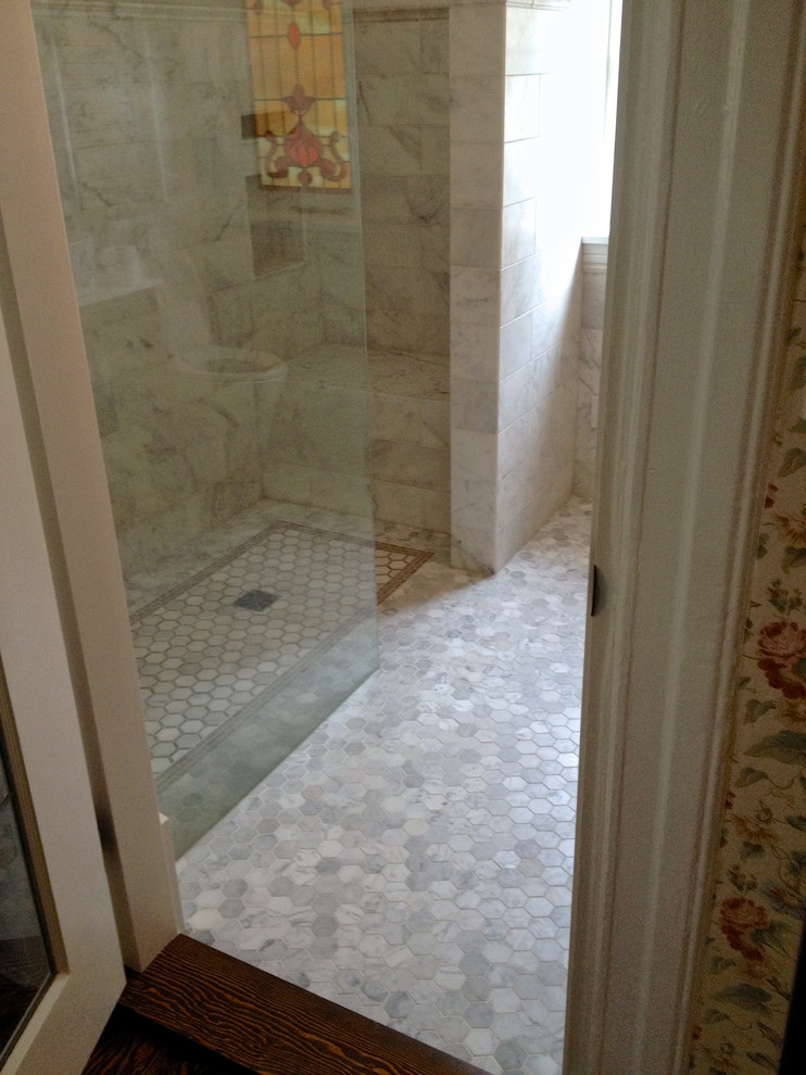 White Marble Curbless Shower Vancouver West Side Traditional