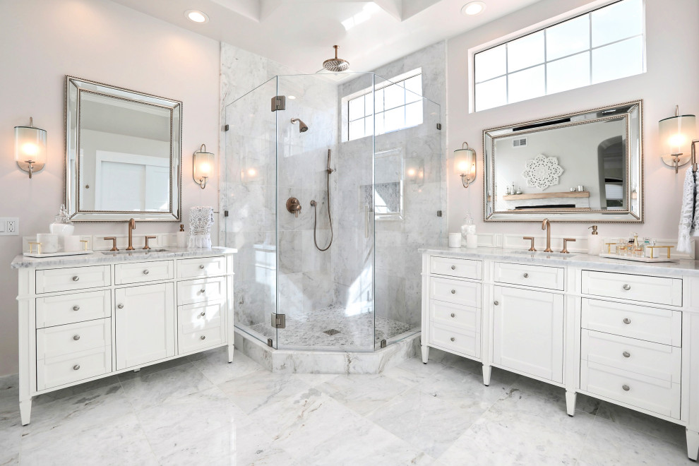 Example of a large transitional master marble tile and gray tile marble floor, white floor and double-sink bathroom design in San Francisco with white cabinets, an undermount sink, marble countertops, a hinged shower door, gray countertops, recessed-panel cabinets, gray walls and a freestanding vanity