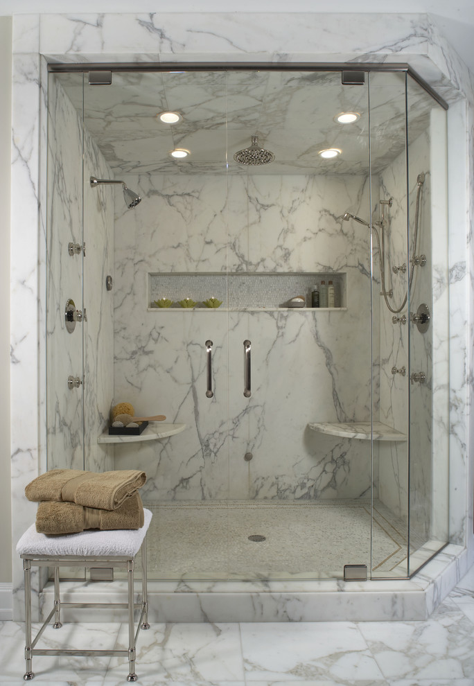 White marble shower Contemporary Bathroom Detroit by Millennium