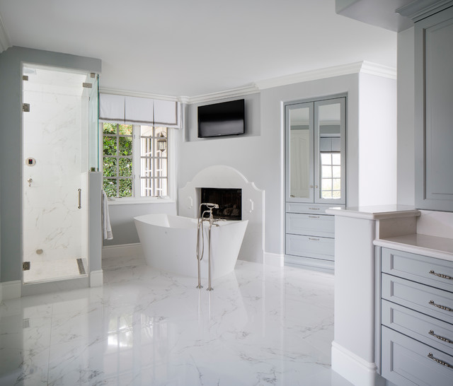 White Master Bathroom with Light Gray Traditional Bathroom