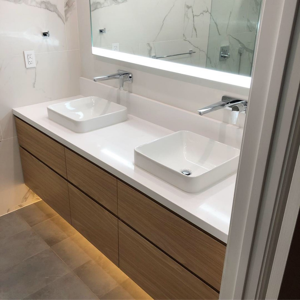 White Oak Floating Vanity Contemporary Bathroom Los Angeles by