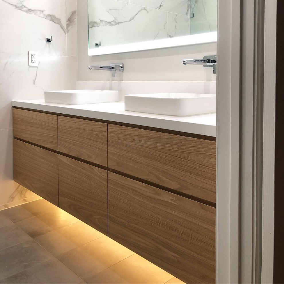 White Oak Floating Vanity Contemporary Bathroom Los Angeles by