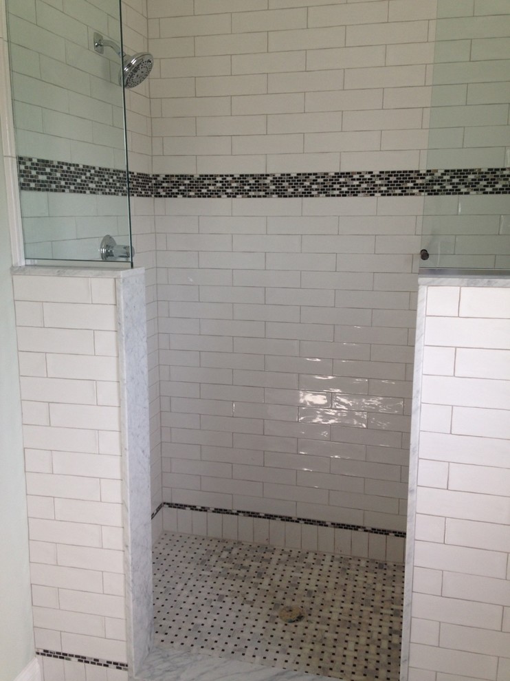 Photo of a medium sized classic shower room bathroom in Philadelphia with a claw-foot bath, a walk-in shower, matchstick tiles, grey walls, ceramic flooring and quartz worktops.