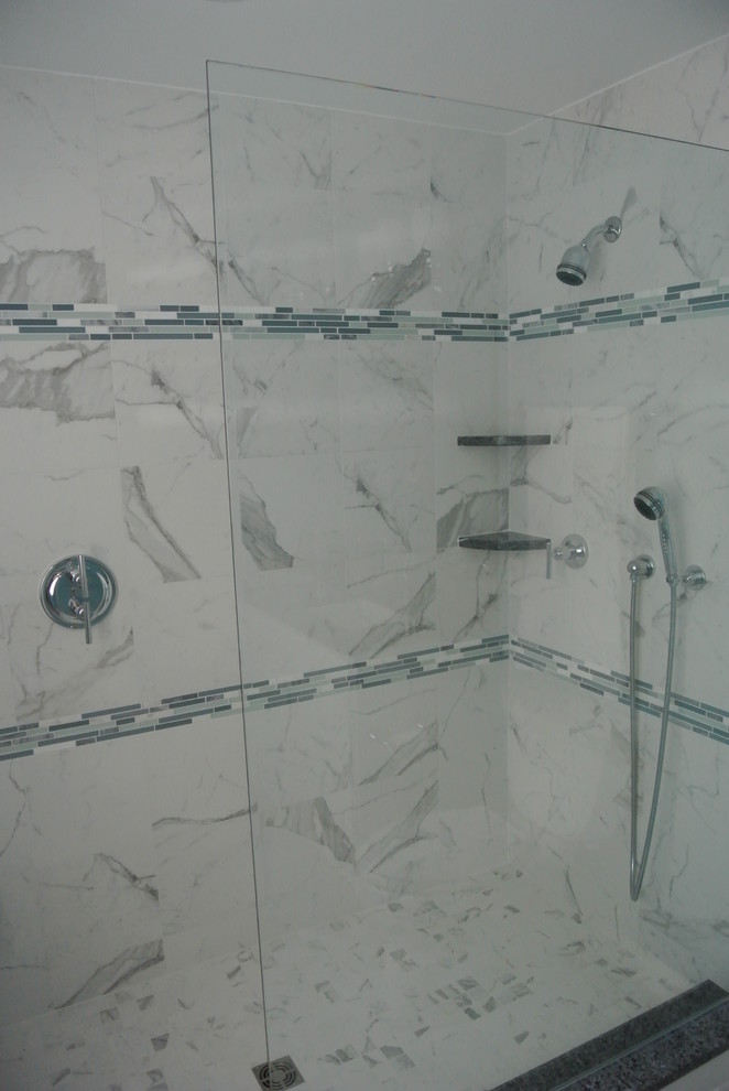 White Tile Master Bathroom with Blue Accent - Bathroom - Other - by Kingswood Designs | Houzz