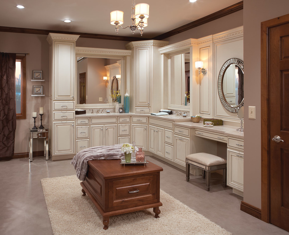 Photo of a large victorian ensuite bathroom in San Diego with an integrated sink, beaded cabinets, white cabinets, quartz worktops, grey tiles, porcelain tiles, grey walls and porcelain flooring.