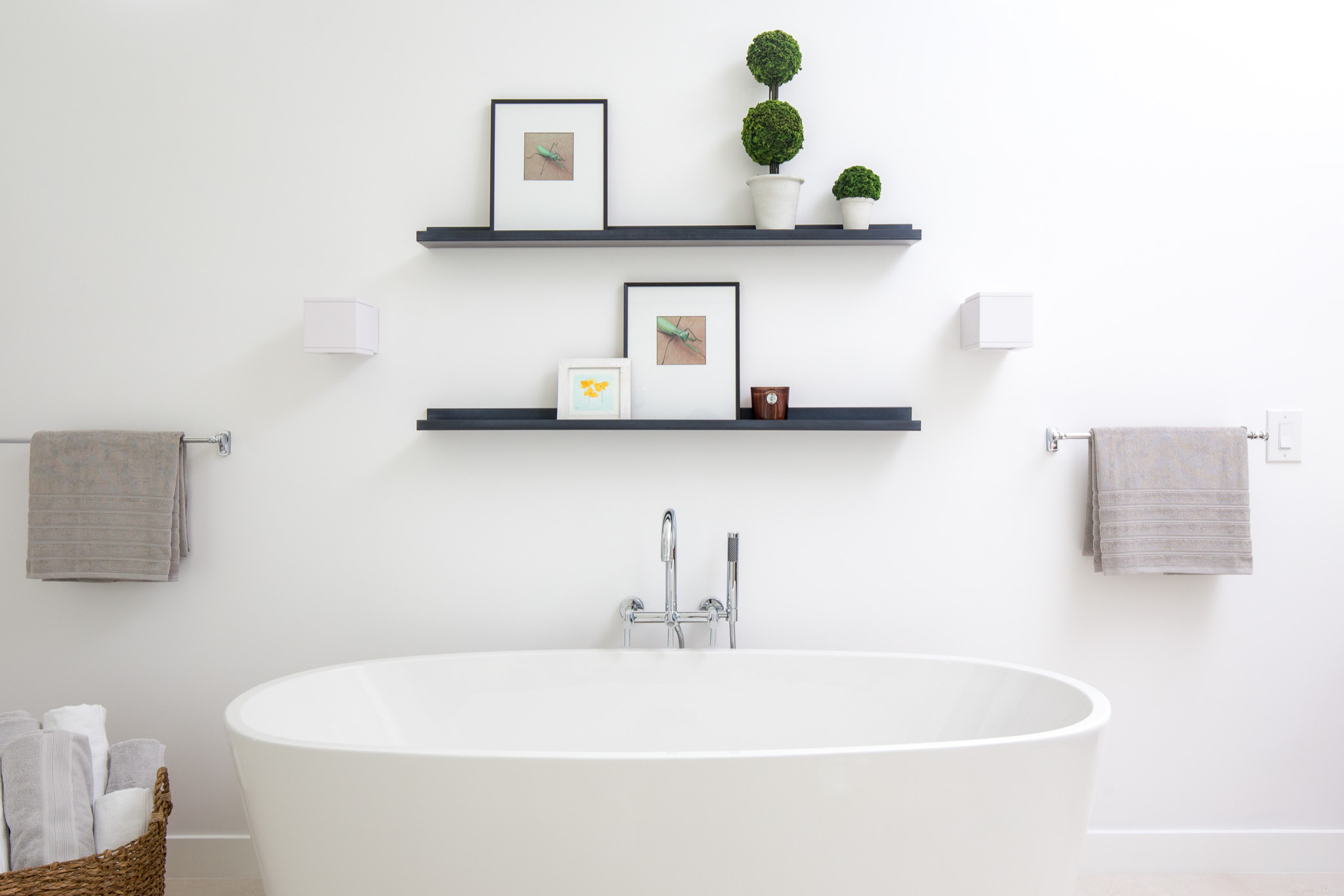 White Walled Bathroom with Standalone Tub and Floating Shelves - Modern -  Bathroom - Sacramento - by Kristen Elizabeth Design | Houzz