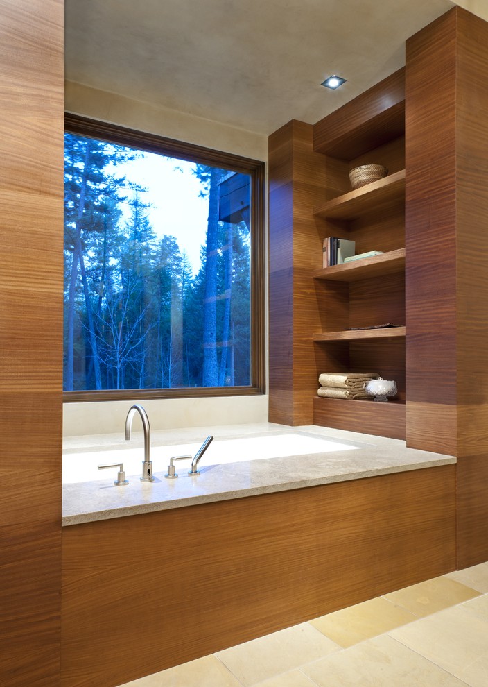 Bathroom - contemporary bathroom idea in Other with open cabinets, medium tone wood cabinets and an undermount tub