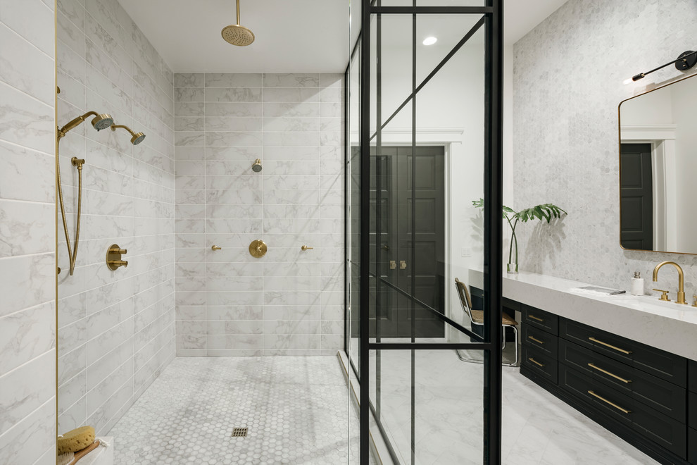 Inspiration for a large classic ensuite bathroom in Phoenix with shaker cabinets, black cabinets, a freestanding bath, a walk-in shower, a one-piece toilet, grey tiles, marble tiles, white walls, ceramic flooring, a submerged sink, engineered stone worktops, grey floors and an open shower.