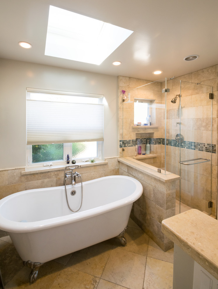 Mid-sized transitional master beige tile and travertine tile bathroom photo in San Francisco with recessed-panel cabinets, dark wood cabinets and a hinged shower door
