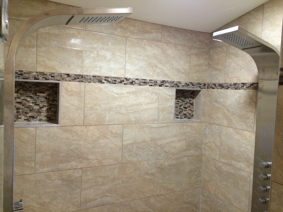 Example of a large transitional 3/4 beige tile and porcelain tile porcelain tile and beige floor alcove shower design in Other with furniture-like cabinets, dark wood cabinets, a two-piece toilet, beige walls, a vessel sink, wood countertops and a hinged shower door