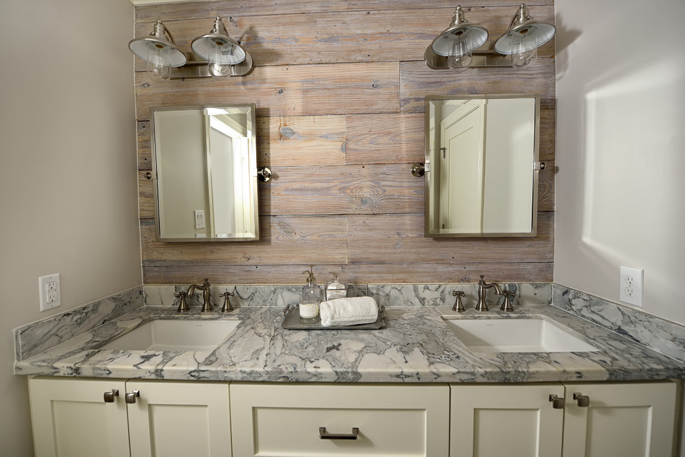 Design ideas for a medium sized rustic family bathroom in Houston with a shower/bath combination, a one-piece toilet, white tiles, grey walls, marble flooring, grey floors, a shower curtain, shaker cabinets, white cabinets, a submerged sink, quartz worktops and grey worktops.