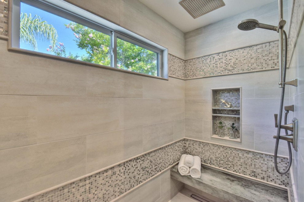 Bathroom - mid-sized contemporary master gray tile and glass sheet cement tile floor and gray floor bathroom idea in San Francisco with shaker cabinets, dark wood cabinets, a one-piece toilet, gray walls, an undermount sink, quartzite countertops and orange countertops
