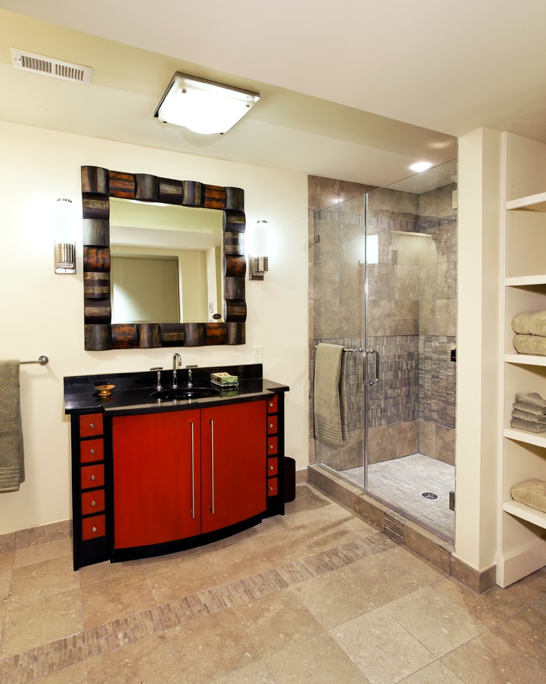 Inspiration for an expansive classic ensuite bathroom in DC Metro with an integrated sink, flat-panel cabinets, red cabinets, an alcove shower, multi-coloured tiles and beige walls.