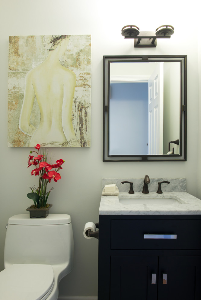 Inredning av ett klassiskt litet badrum, med luckor med infälld panel, svarta skåp, en toalettstol med hel cisternkåpa och marmorbänkskiva