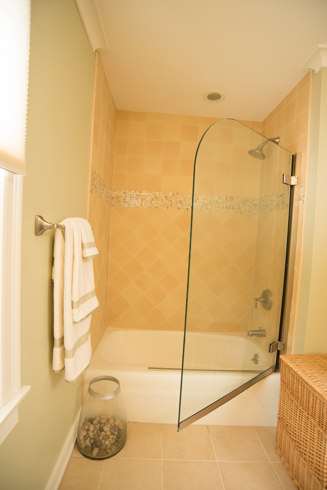 This is an example of a medium sized contemporary shower room bathroom in Other with a built-in bath, an alcove shower, orange tiles, ceramic tiles, green walls, porcelain flooring and engineered stone worktops.